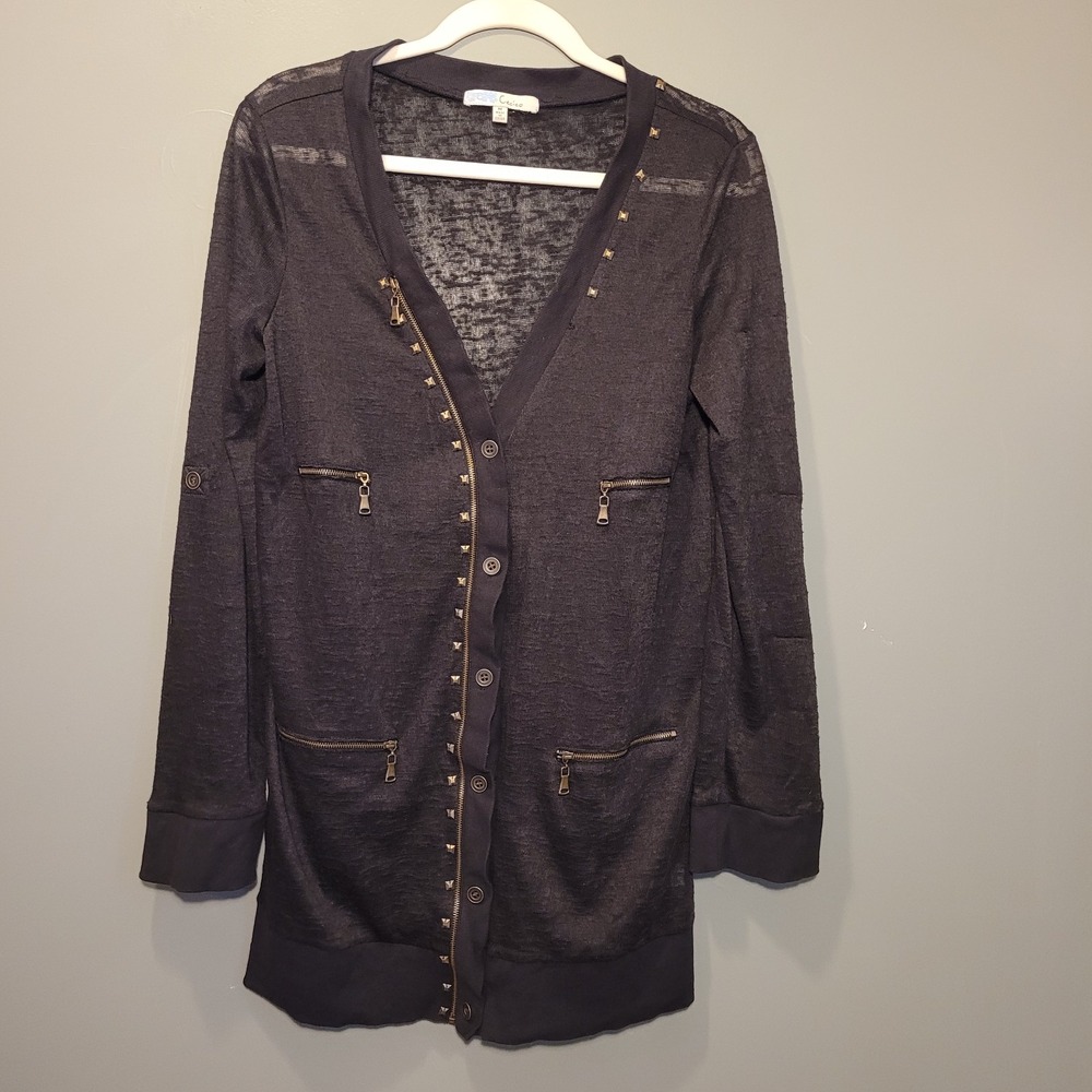 Cecico Button-Up Lightweight Cardigan Studs And Zippers, Women's Size M, Black